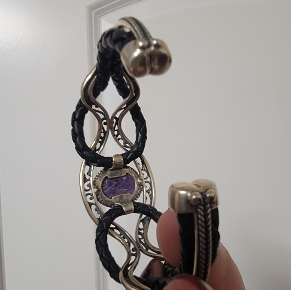 Carolyn Pollack/Relios Sterling Silver Leather Purple Charoite Cuff Bracelet - Picture 6 of 7